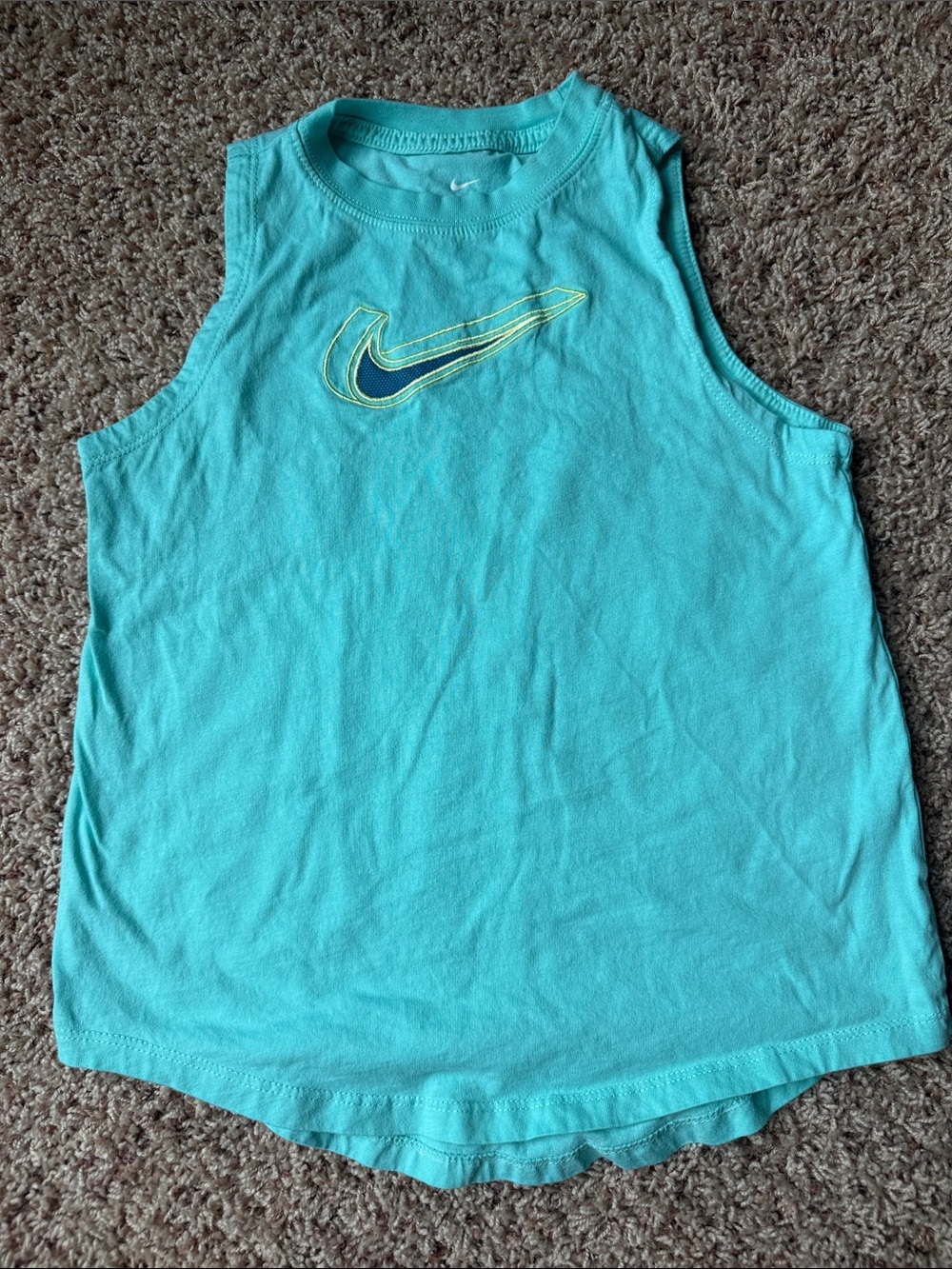 Girls Nike Teal Tank Top with Navy and Yellow Swoosh